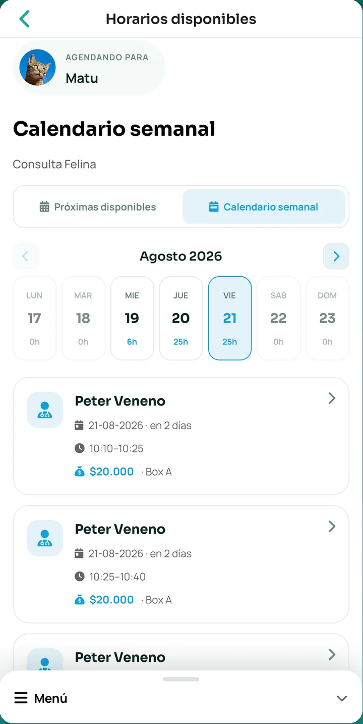Reserva de hora de peluquería en la app Wirevet Tutores: calendario semanal con las horas que quedan libres en la agenda del profesional y los bloques disponibles con su precio.