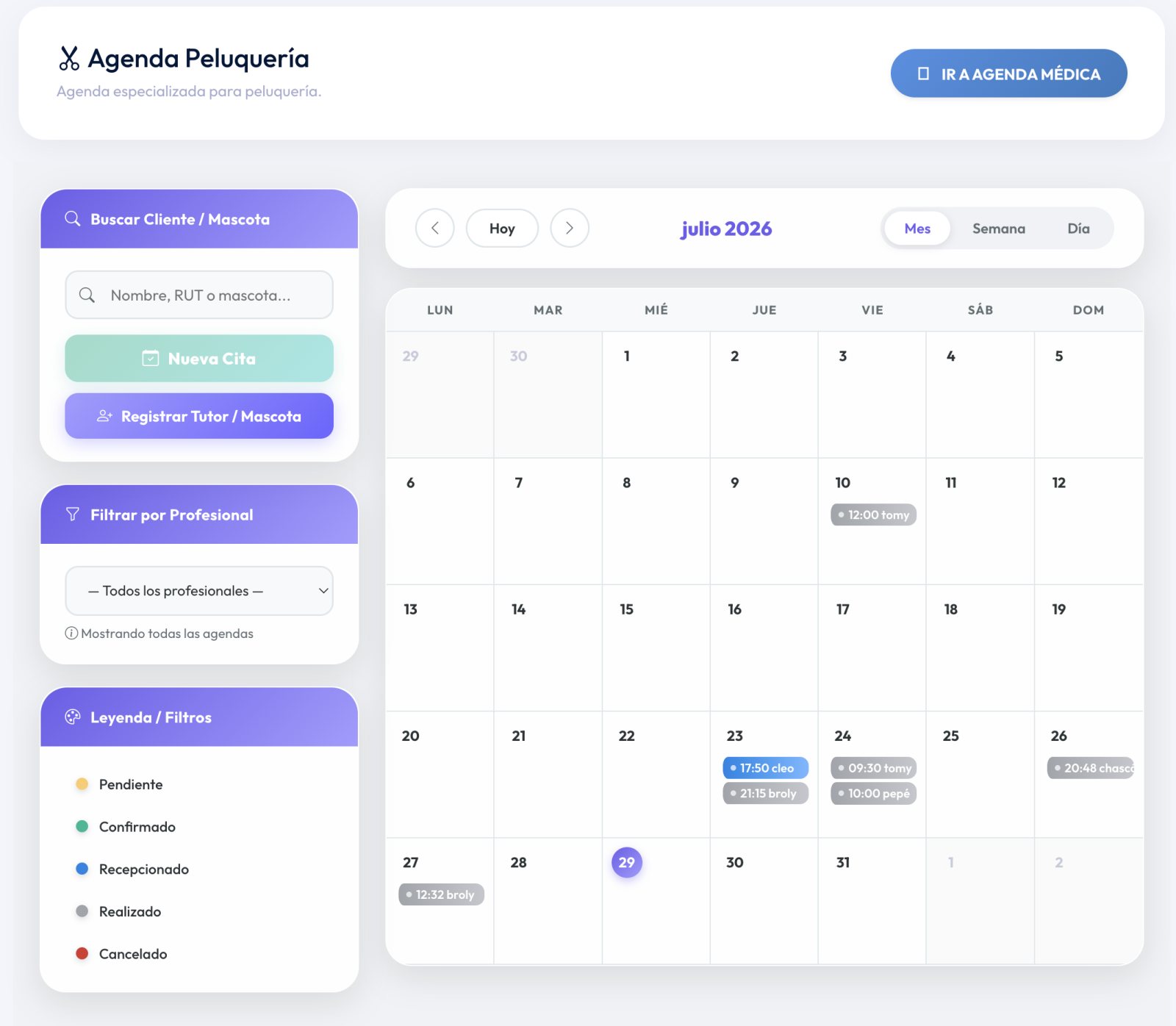 Agenda de peluquería de Wirevet en vista mensual, con citas agendadas por día, buscador de cliente y mascota, filtro por profesional y leyenda de estados de la cita.