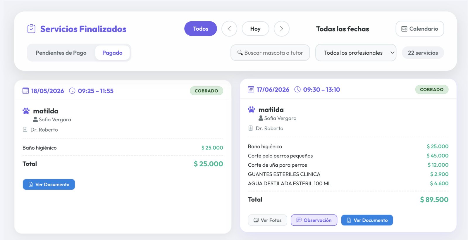 Historial de servicios de peluquería ya cobrados, con la fecha y el horario de atención, la mascota y su tutor, el profesional, el detalle de servicios y productos con sus precios, y los accesos a las fotografías, las observaciones y el documento tributario.