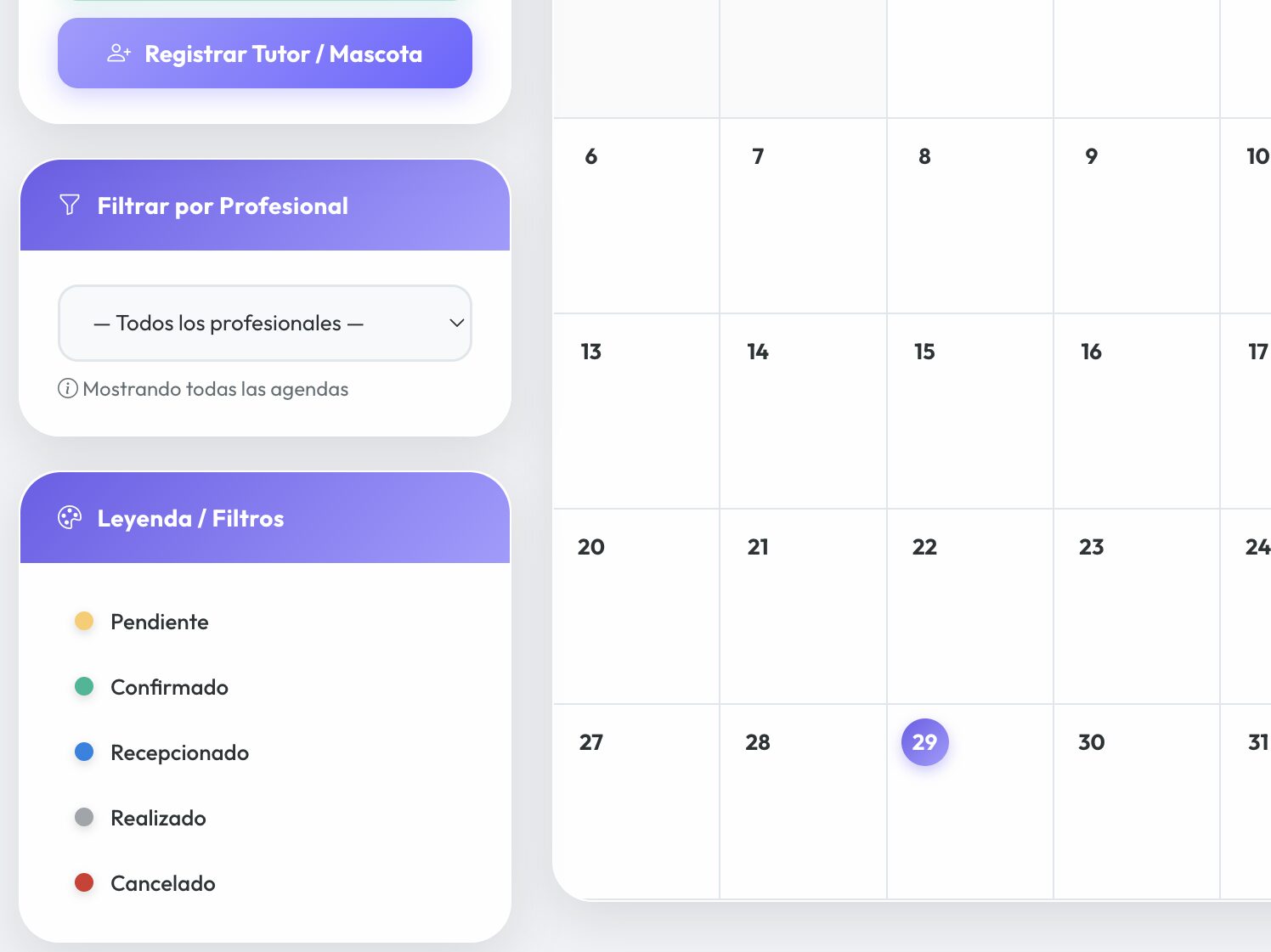 Agenda de peluquería de Wirevet con la leyenda de los cinco estados de una cita —pendiente, confirmado, recepcionado, realizado y cancelado—, cada uno con su color, junto al filtro por profesional y el calendario del mes.